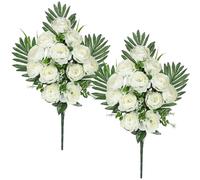 Arborus 2pcs Artificial Cemetery Flowers for Graves 21.6" Fake White Camellia Flowers Bouquet Grave Memorial Silk Flowers for Grave Decorations, Spring Artificial Flowers Stem for Home Vase Decor