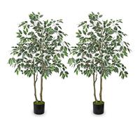 Arborus 2pcs Artificial Ficus Tree 4ft Large Indoor Plant Tall Fake Ficus Plant with Variegated Foliage Faux Tree in Black Pot House Plants for Living Room Bedroom Balcony Corner Office Decor