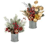 Arborus 2pcs Artificial Plant Christmas Table Decorations 12" Xmas Floral Arrangements in Metal Pot Christmas Potted Plant with Baubles Red Berries Pinecones for Home Xmas Centerpieces Desk Decor