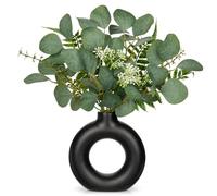 Arborus 36CM Artificial Eucalyptus Stems in Donut Vase 14.2" Fake Eucalyptus Leaves in Black Ceramic Vase Faux Plants Indoor Artificial Greenery for Home Living Room Wedding Centerpiece Desk Decor