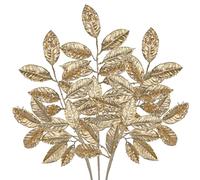 Arborus 3pcs Christmas Tree Picks 20" Champagne Christmas Bay Foliage Stems Artificial Glitter Bay Leaves Branches Xmas Foliage Gold Picks and Sprays for Craft Vase Xmas Tree Fillers Table Decorations