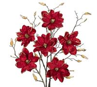 Arborus 3PCS Christmas Velvet Magnolia Flowers 29.9" Stems With Golden Buds - Red Artificial Flowers for Christmas Tree, Xmas Ornaments, Garland, Wedding Party Decorations