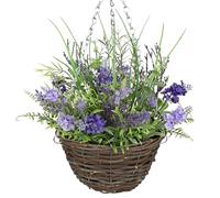 Arborus 50CM Artificial Hanging Basket Fake Lavender Plants with 10" Woven Pot Realistic Silk Flower Hanging Baskets Faux Floral Basket with Greenery for Home Farmhouse Porch Patio Indoor Decor