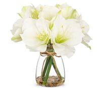 Arborus Artificial Amaryllis Flowers in Vase with Faux Water,Pebbles 30cm Fake White Flowers with Glass Vase Real Touch Spring Flowers for Home Bathroom Table Centerpiece Wedding Party Decorations