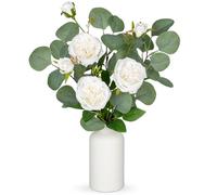 Arborus Artificial Flowers in Ceramic Vase 40CM Artificial Eucalyptus with White Rose Flowers in Vase Fake Eucalyptus Plant Flower Arrangement for Home Table Centerpieces Wedding Decorations