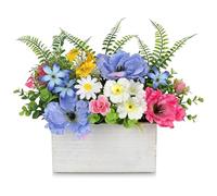 Arborus Artificial Flowers in Wooden Pot 19CM Faux Silk Flower Arrangement in Rustic Planter Spring Table Centrepiece Fake Blue Poppy Flowers Potted with Greenery for Home Kitchen Window Sill Decor