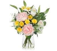 Arborus Artificial Flowers with Glass Vase 40cm Mixed Artificial White Rose Pink Peony Yellow Daisy and Greenery Floral Arrangements Fake Silk Flowers for Table Centrepiece Home Kitchen Decor