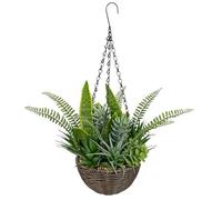 Arborus Artificial Hanging Baskets Plant 50cm Fake Mixed Greenery Hanging Plant with Ferns & Succulents Faux Hanging Plants in Black Basket Realistic Artificial Houseplant for Indoor Home Garden Décor