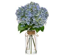 Arborus Artificial Hydrangea Flowers in Glass Vase with Faux Water, 13.8" Fake Blue Hydrangeas Arrangement Centerpiece for Home Café Kitchen Bathroom Decoration