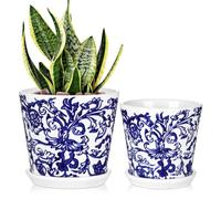 Arborus Blue and White Ceramic Plant Pots with Saucer Set of 2 12cm 10cm Vintage Porcelain Planter with Drainage Holes Indoor Decorative Flower Pots for Succulent Cactus House Plants Garden