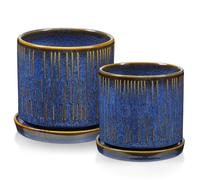 Arborus Ceramic Plant Pots with Saucer Set of 2 10cm 12cm Blue Plant Pot with Drainage Holes Indoor Modern Flower Pots Decorative Stripe Ceramic Planter for Succulent Cactus House Plants Garden