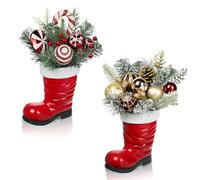 Arborus Christmas Decorations Table 2pcs Santa Boot Christmas Ornament with Red and Gold Baubles, Christmas Balls, Pinecone and Berries, Artificial Plants in Ceramic Pot for Home Living Room Shelf