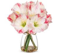 Arborus Faux Flowers in Vase 11.8" Pink Artificial Amaryllis Flowers with Glass Vase, Faux Water, Pebbles Real Touch Spring Flower for Home Bathroom Table Centerpiece Wedding Party Decorations