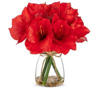 Arborus Faux Flowers in Vase 11.8" Red Artificial Amaryllis Flowers with Glass Vase, Faux Water, Pebbles Real Touch Spring Flowers for Home Bathroom Table Centerpiece Wedding Party Decorations