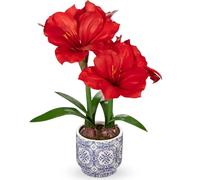 Arborus Red Amaryllis Artificial Flowers in Blue Ceramic Pot 18" Faux Silk Amaryllis Plant Fake Flower Arrangement with Decorative Bulbs Moss for Home Office Bathroom Table Holiday Décor