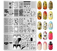 Arbuya Spring Garden Nail Stamping Plates Set of 3 - Bees, Flowers, Ladybugs & French Tips with Border Designs Template for DIY Manicure Nail Art Salon Tools Supply