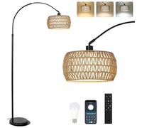 Arc Floor Lamps for Living Room with 3 Color Temperatures, Black Standing Lamp with Remote & Dimmable LED Bulb, Rattan Boho Floor Lamp, Farmhouse Tall Lamp for Bedroom, Over Couch Arched Reading Light