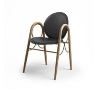 Arcade Dining Chair Frame in Brass Metal and Oak with Upholstery in Black Leather