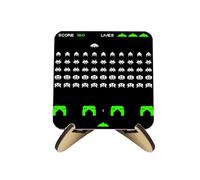 Arcade Space Aliens Cork Coaster Set - Retro Video Game Gift - Set of Four (4) Square Drinks Coasters & Wood-Effect Stand