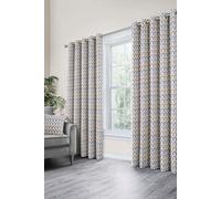 'Arcadia' Woven Geometric Chenille Pair of Eyelet Curtains Curtina Natural 229cm width x 183cm drop