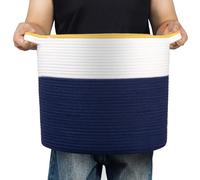 ArcaGuru Laundry Basket, Cotton Rope Storage Laundry Bin, Rope Round Storage Basket with Handle, Blanket Basket Living Room, Storage Baskets for Towel, Throw, Pillow, 40 x 35 CM, White & Blue