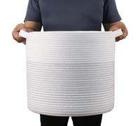 ArcaGuru Laundry Basket, Cotton Rope Storage Laundry Bin, Rope Round Storage Basket with Handle, Blanket Basket Living Room, Storage Baskets for Towel, Throw, Pillow, 40 x 35 CM, White & Grey