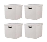 ArcaGuru Storage Bins with Lids, Collapsible Linen Fabric Boxes Organizer Containers with Lid Foldable Storage Box Basket for Closet, Shelves, Home, Office, 28 x 28 x 28 CM, 4 Pack, Beige
