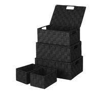 ArcaGuru Woven Storage Basket Bin Container With Lid, Storage Baskets Organizing Bins Small Woven Basket Cube Organizer Divider for Closet, Shelf, Dresser, Drawer, Kitchen, Pantry, Set of 5, Black