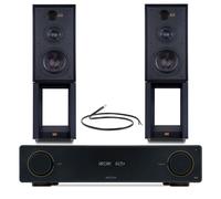 Arcam A15+ Integrated Amplifier with Wharfedale Linton Heritage Standmount Speakers with Matching Stands - Black