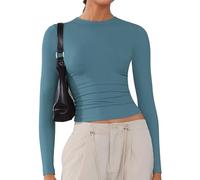ARCFEETORY Women's Soft Long Sleeve Shirts Crew Neck Tops Basic Tees Stretchy Going Out Crop Tops Y2K Slim Fit T-Shirts Dusty Blue XS