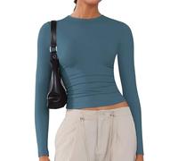 ARCFEETORY Women's Soft Long Sleeve Shirts Crew Neck Tops Basic Tees Stretchy Going Out Crop Tops Y2K Slim Fit T-Shirts Haze Blue XXL