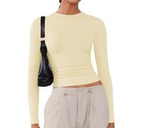ARCFEETORY Women's Soft Long Sleeve Shirts Crew Neck Tops Basic Tees Stretchy Going Out Crop Tops Y2K Slim Fit T-Shirts Cream Yellow XS