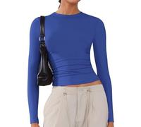 ARCFEETORY Women's Soft Long Sleeve Shirts Crew Neck Tops Basic Tees Stretchy Going Out Crop Tops Y2K Slim Fit T-Shirts Forever Blue S