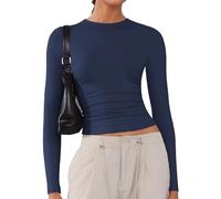 ARCFEETORY Women's Soft Long Sleeve Shirts Crew Neck Tops Basic Tees Stretchy Going Out Crop Tops Y2K Slim Fit T-Shirts Navy Blue S