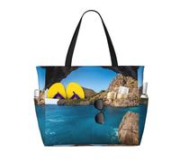 Arch in Mallorca Spain Print Large Waterproof Beach Tote Bag for Women with Zip and Pockets Foldable Handbag for Travel Pool Shopping Holiday Gym