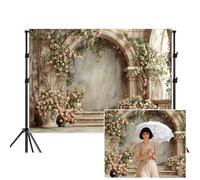 Arch Wall Flowers Backdrop,Retro Medieval Building Pink Rose Photo Background,Realistic Stylish Romantic Palace Banner for Wedding Birthday Bridal Shower Party Decor,Gray,7x5FT