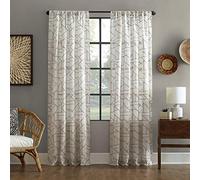 Archaeo Fragmented Geometric Embroidery Mid-Century Modern Natural Linen Blend Curtain, 50" x 108", Gray/Linen