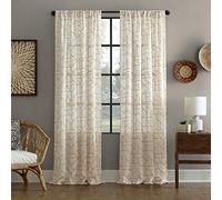 Archaeo Fragmented Geometric Embroidery Mid-Century Modern Natural Linen Blend Curtain, 50" x 63", Gold/Linen