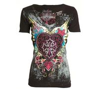 Archaic by Affliction Women's Gothic Heart T-Shirt, V-Neck, Short Sleeve, Black with Eagle Wings Design Darling, Black, S