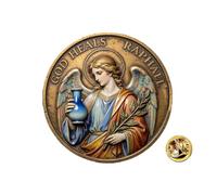 Archangel Raphael Pin for Hat Backpack, 3D Religious Brooch with Healing Prayer on Front, Christian Angel Jewelry Accessory for Men Women, Confirmation Gift Catholic,