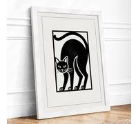Arched Cat Geometric Framed Wall Art Print A2 White | Ready to Hang, Premium Gi Paper, Fade-Resistant Inks, Securely Packaged, UK Made