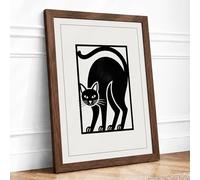 Arched Cat Geometric Framed Wall Art Print A3 (42×29.7cm) Walnut, Wall Decor for Living Room, Bedroom, Office & Home, Ready to Hang, Art Gift