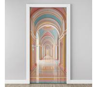 Arched Corridor 3D Door Stickers Self Adhesive, Architectural Passageway Wallpaper Peel and Stick, Islamic Pathway Door Murals, PVC Waterproof Door Decal for Bedroom Living Room 77x200 cm H6l151