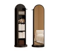 Arched Full-Length Mirror with 360° Rotation Storage Shelf & 4 Hooks - Stylish Floor Standing Mirror with Magazine Rack & 5-Tier Rotating Bookshelf for Living Room & Bedroom