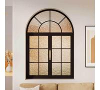 Arched Iron Interior Window | Carbon Steel Frame French Style Glass Partition Window with Swing Open Door for Home Kitchen Decor Renovation