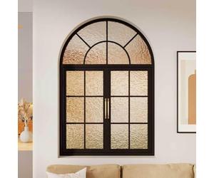 Arched Iron Interior Window | Carbon Steel Frame French Style Glass Partition Window with Swing Open Door for Home Kitchen Decor Renovation