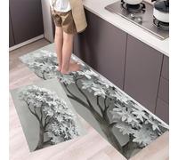 Arched Tree Kitchen Rug Set 2 Pieces, Non-Slip and Washable Kitchen Runner Mat Realistic Style Standing Mats for Hallway, Dining Room and Entryway - 43x75cm+43x120cm, Light Gray