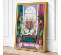 Arched Window, Flowers Boho Canvas Wall Art Print 24x16 Inch (61 x 41 cm)
