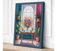 Arched Window, Flowers Boho Canvas Wall Art Print 24x16 Inch (61 x 41 cm)