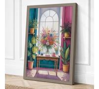 Arched Window, Flowers Boho Canvas Wall Art Print 36x24 Inch (91 x 61 cm)
